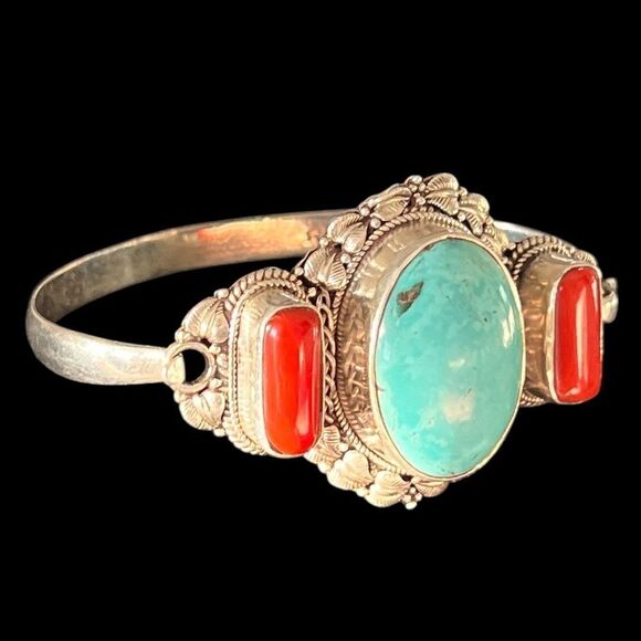 Sterling 925 Turquoise And Coral Bracelet - Picture 1 of 4